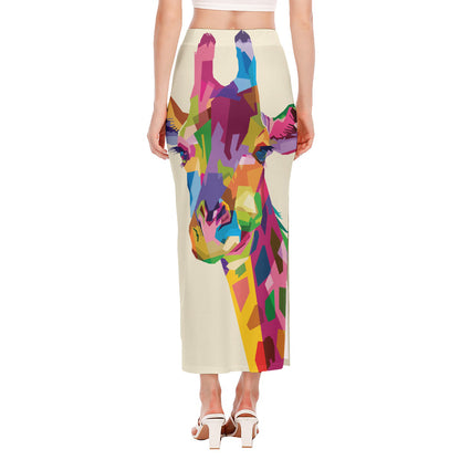 Colorful Giraffe Portrait Print Side Slit Maxi Skirt