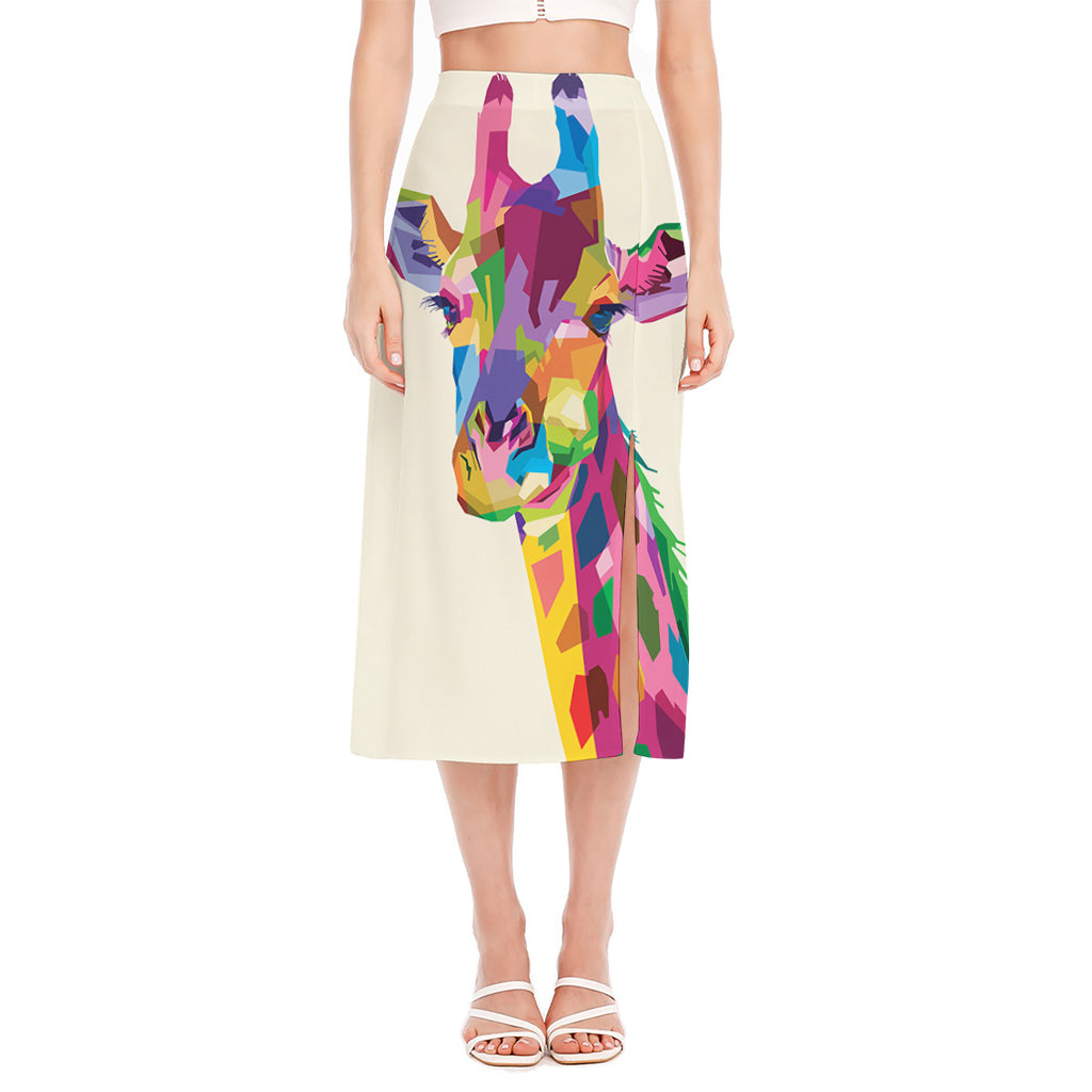 Colorful Giraffe Portrait Print Side Slit Midi Skirt