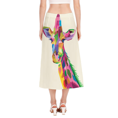 Colorful Giraffe Portrait Print Side Slit Midi Skirt