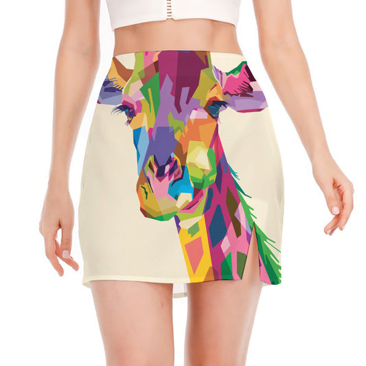 Colorful Giraffe Portrait Print Side Slit Mini Skirt