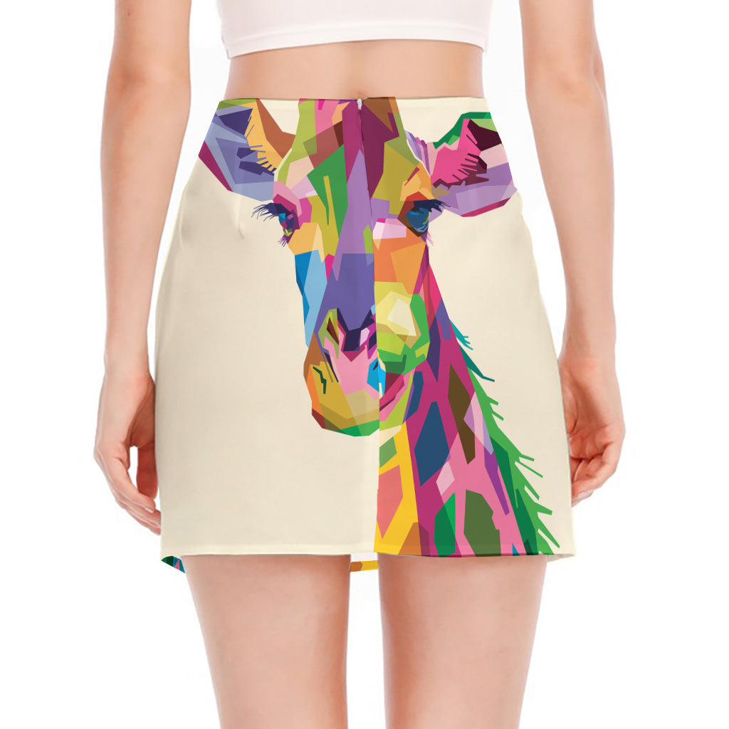 Colorful Giraffe Portrait Print Side Slit Mini Skirt