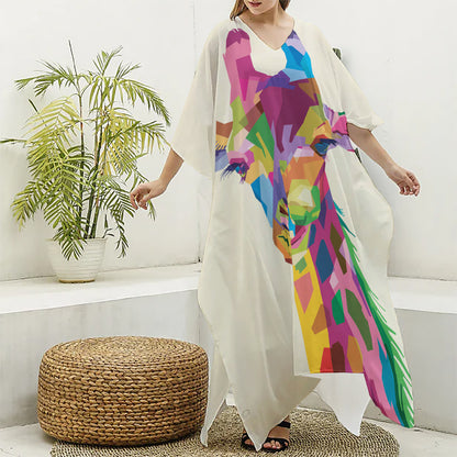 Colorful Giraffe Portrait Print Silk V-Neck Kaftan Dress