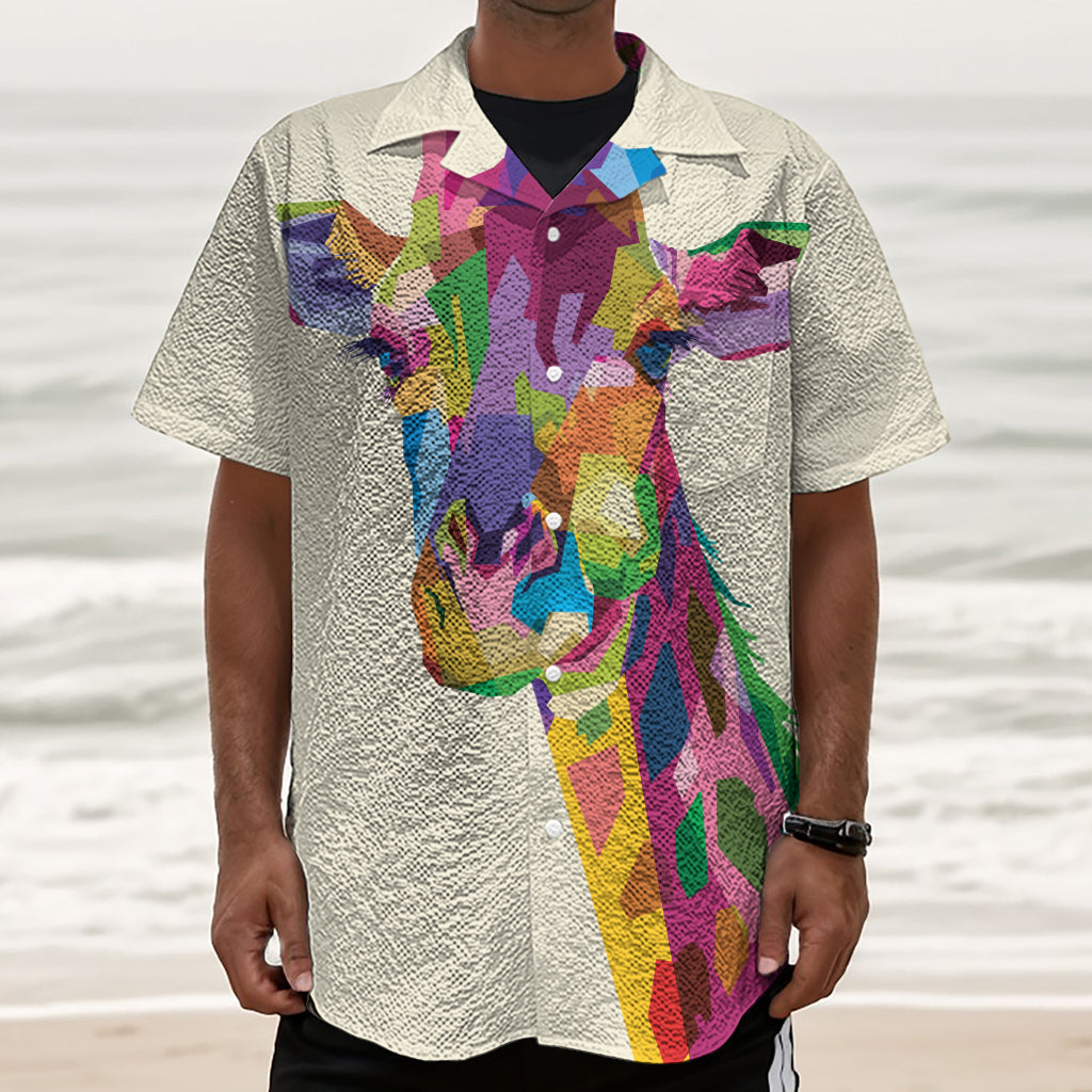 Colorful Giraffe Portrait Print Textured Short Sleeve Shirt