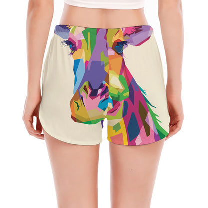 Colorful Giraffe Portrait Print Women's Split Running Shorts