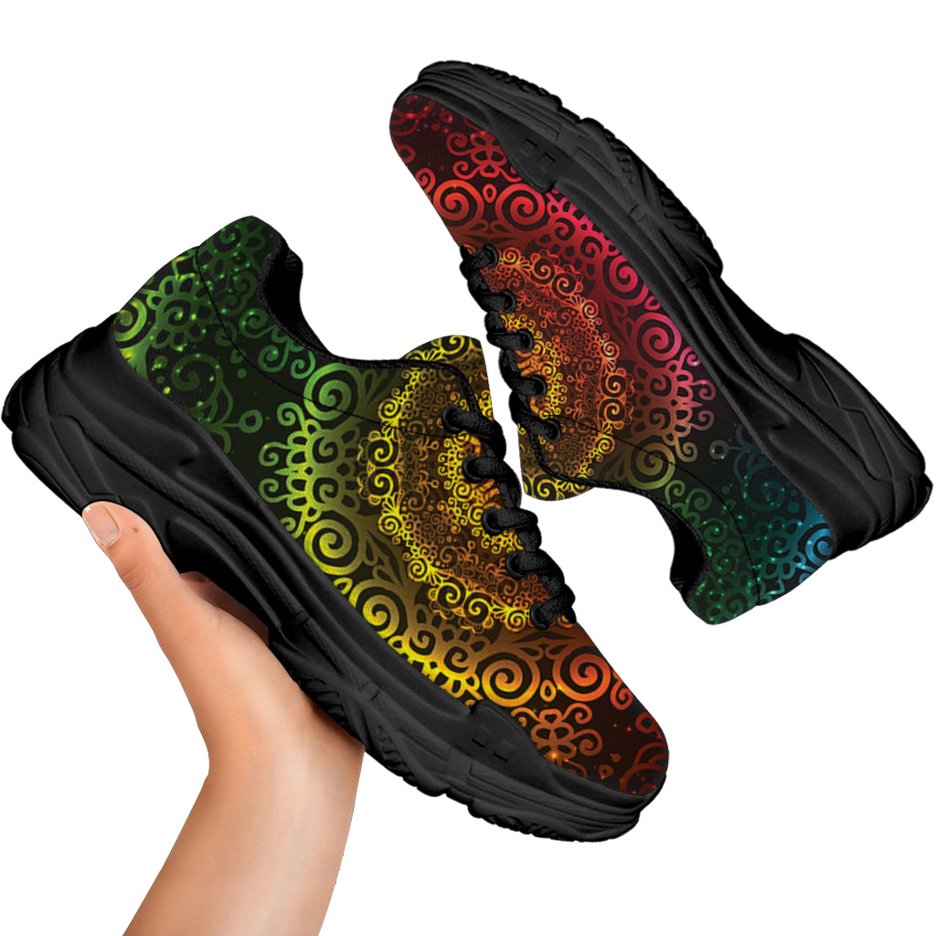 Colorful Gradient Mandala Print Black Chunky Shoes