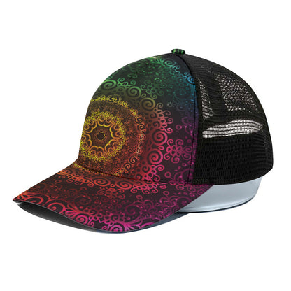 Colorful Gradient Mandala Print Black Mesh Trucker Cap