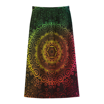 Colorful Gradient Mandala Print Cotton Front Slit Maxi Skirt