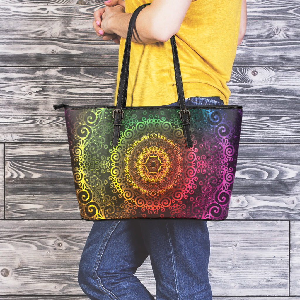 Colorful Gradient Mandala Print Leather Tote Bag