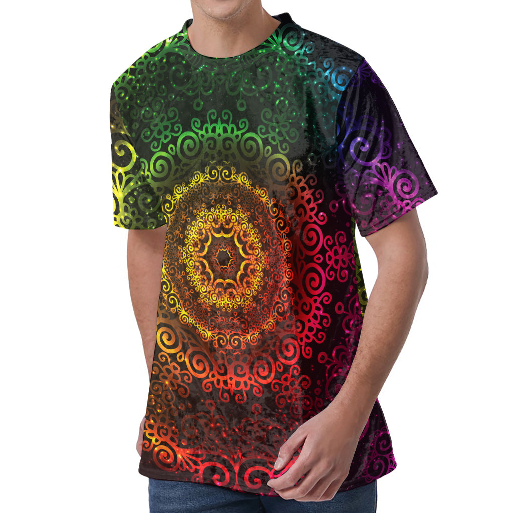 Colorful Gradient Mandala Print Men's Velvet T-Shirt
