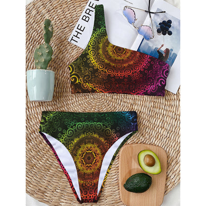 Colorful Gradient Mandala Print One Shoulder Bikini Top