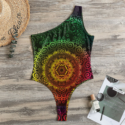 Colorful Gradient Mandala Print One Shoulder Bodysuit