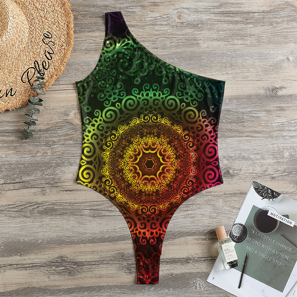 Colorful Gradient Mandala Print One Shoulder Bodysuit