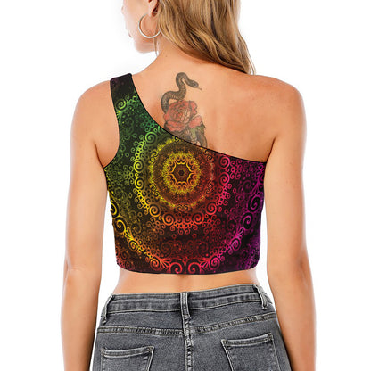 Colorful Gradient Mandala Print One Shoulder Crop Top