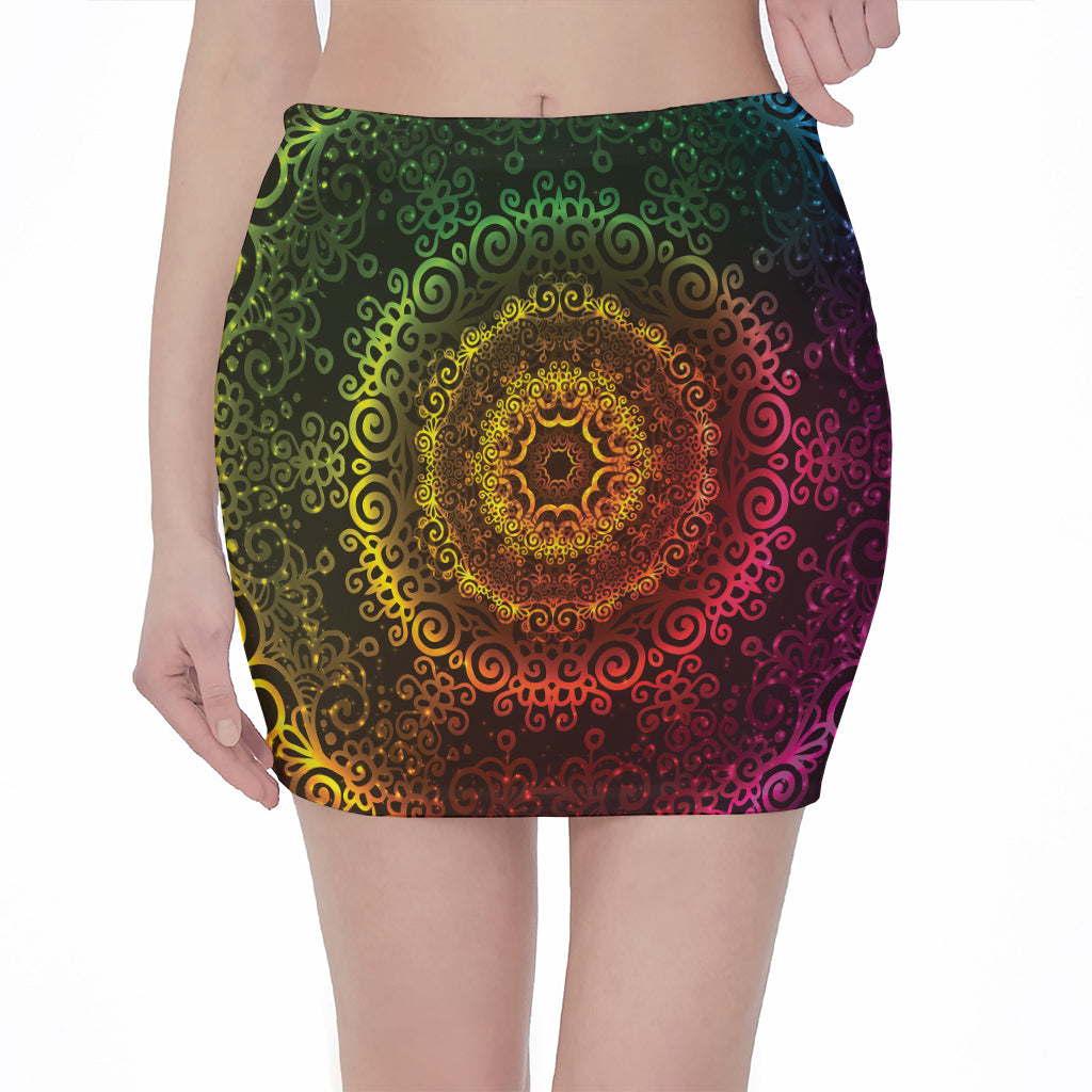 Colorful Gradient Mandala Print Pencil Mini Skirt