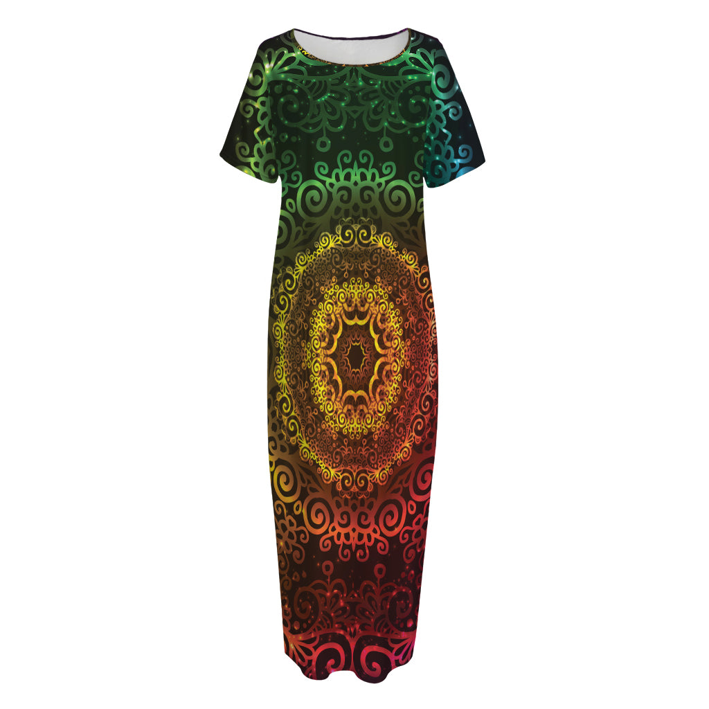 Colorful Gradient Mandala Print Short Sleeve Long Nightdress