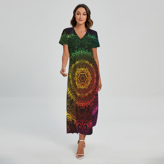 Colorful Gradient Mandala Print Short Sleeve Maxi Dress