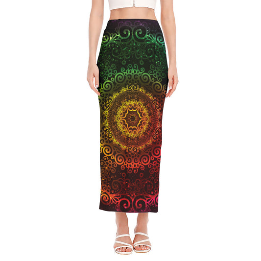 Colorful Gradient Mandala Print Side Slit Maxi Skirt