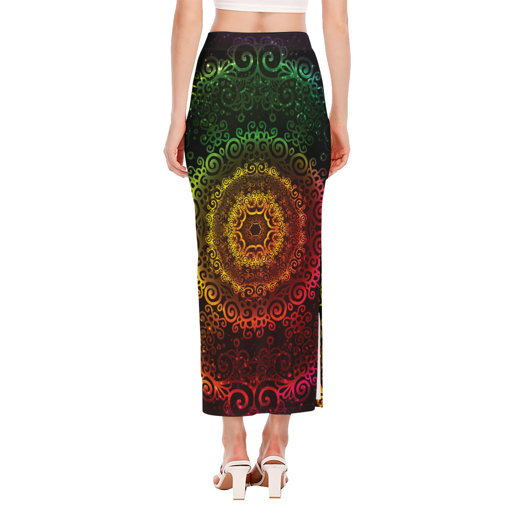 Colorful Gradient Mandala Print Side Slit Maxi Skirt