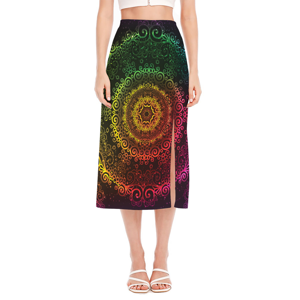 Colorful Gradient Mandala Print Side Slit Midi Skirt