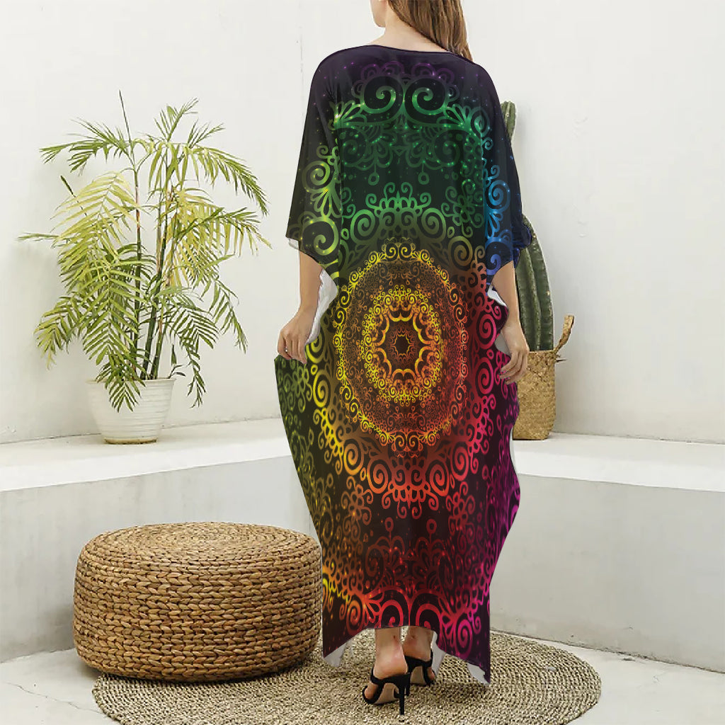 Colorful Gradient Mandala Print Silk V-Neck Kaftan Dress