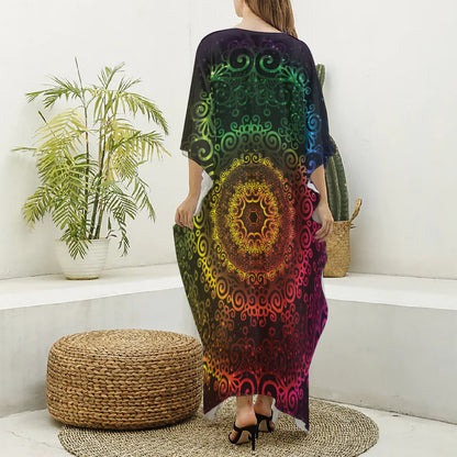 Colorful Gradient Mandala Print Silk V-Neck Kaftan Dress