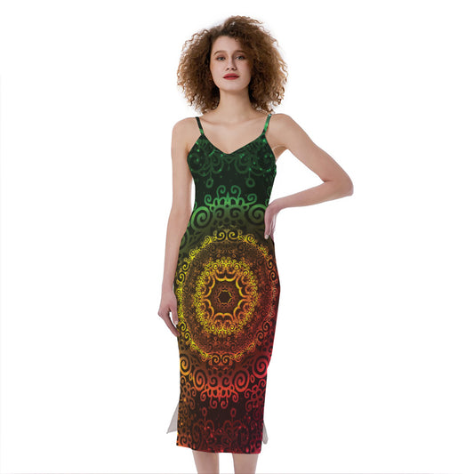 Colorful Gradient Mandala Print Slim Fit Midi Cami Dress