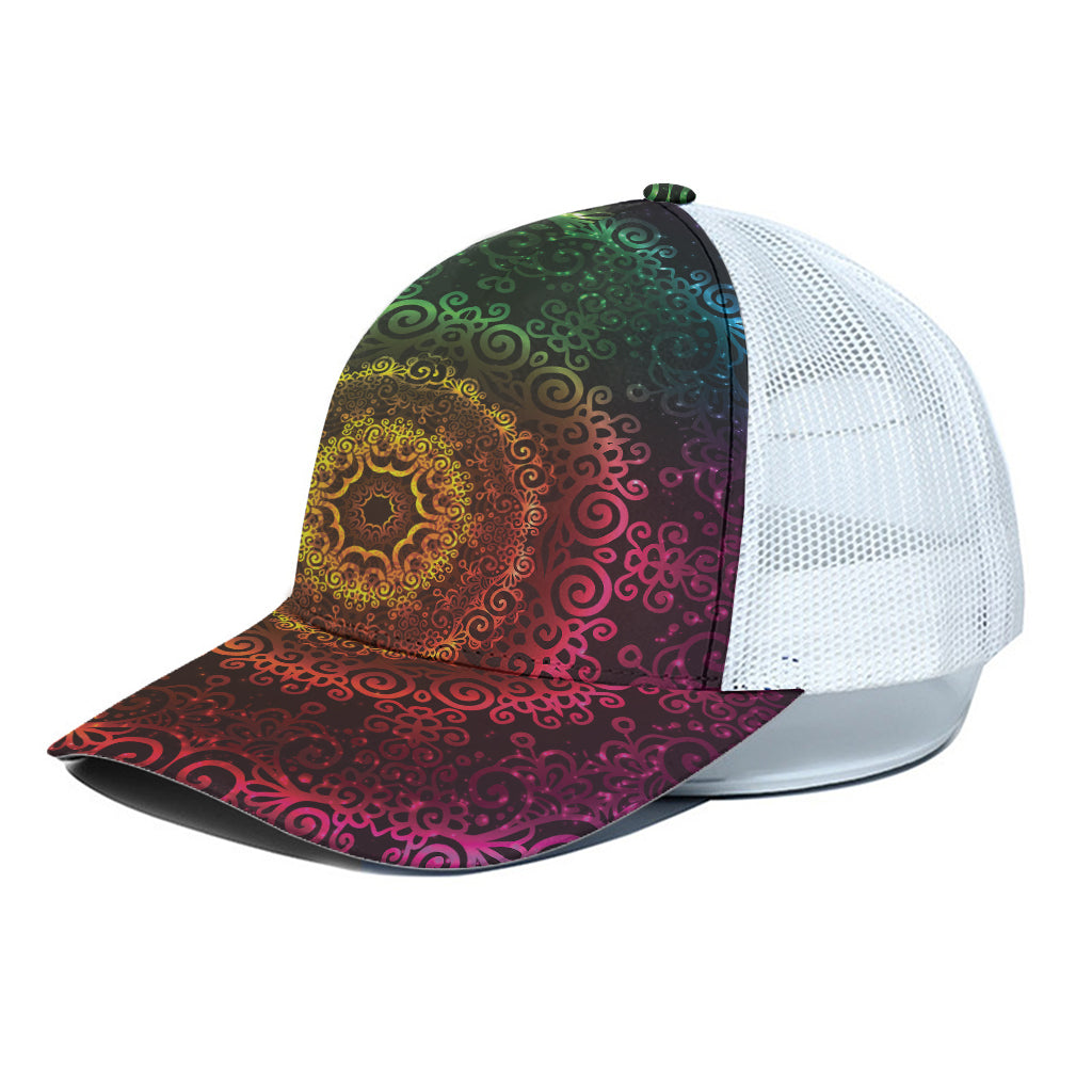 Colorful Gradient Mandala Print White Mesh Trucker Cap