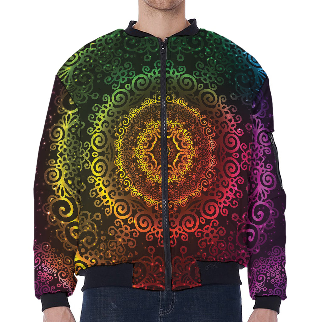 Colorful Gradient Mandala Print Zip Sleeve Bomber Jacket
