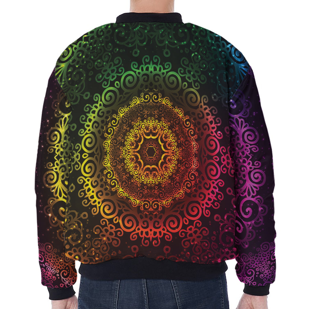 Colorful Gradient Mandala Print Zip Sleeve Bomber Jacket