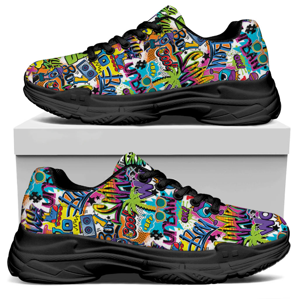 Colorful Graffiti Pattern Print Black Chunky Shoes