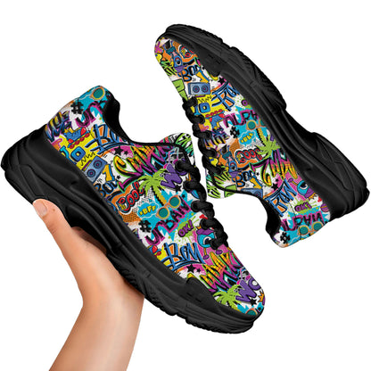 Colorful Graffiti Pattern Print Black Chunky Shoes