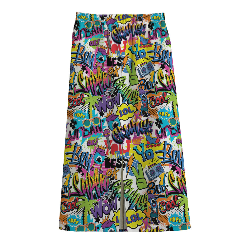 Colorful Graffiti Pattern Print Cotton Front Slit Maxi Skirt