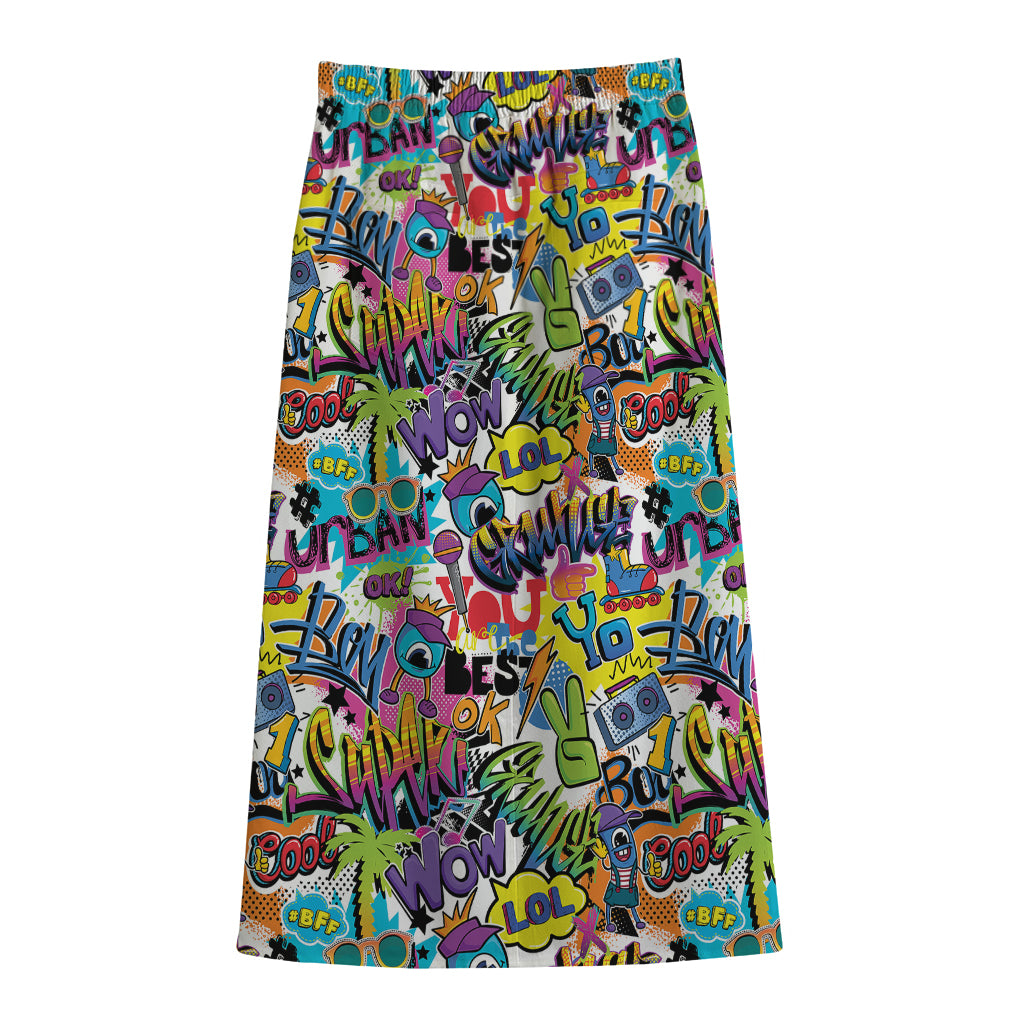 Colorful Graffiti Pattern Print Cotton Front Slit Maxi Skirt