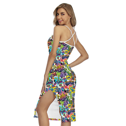 Colorful Graffiti Pattern Print Cross Back Cami Dress