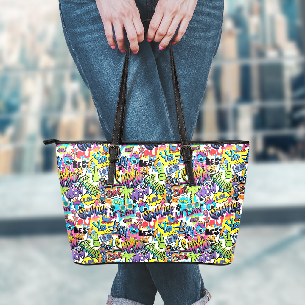 Colorful Graffiti Pattern Print Leather Tote Bag