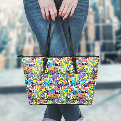 Colorful Graffiti Pattern Print Leather Tote Bag