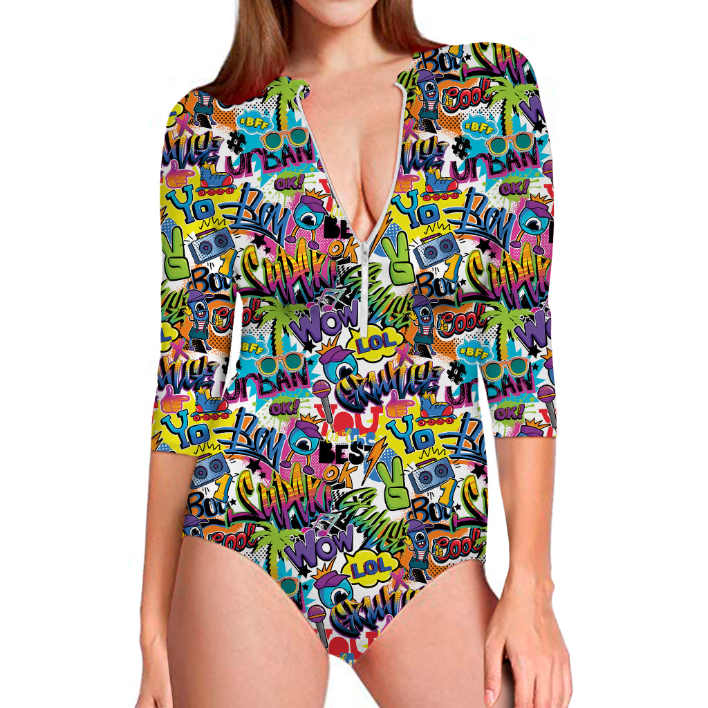 Colorful Graffiti Pattern Print Long Sleeve Swimsuit