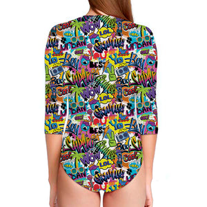 Colorful Graffiti Pattern Print Long Sleeve Swimsuit