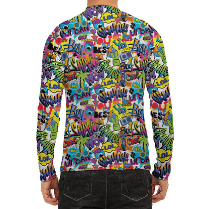 Colorful Graffiti Pattern Print Men's Long Sleeve Rash Guard