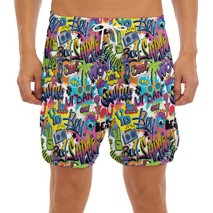 Colorful Graffiti Pattern Print Men's Split Running Shorts