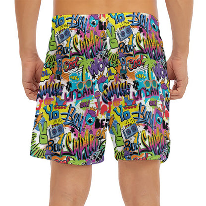Colorful Graffiti Pattern Print Men's Split Running Shorts