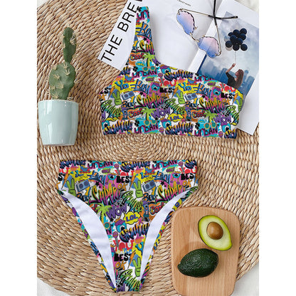Colorful Graffiti Pattern Print One Shoulder Bikini Top