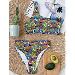 Colorful Graffiti Pattern Print One Shoulder Bikini Top