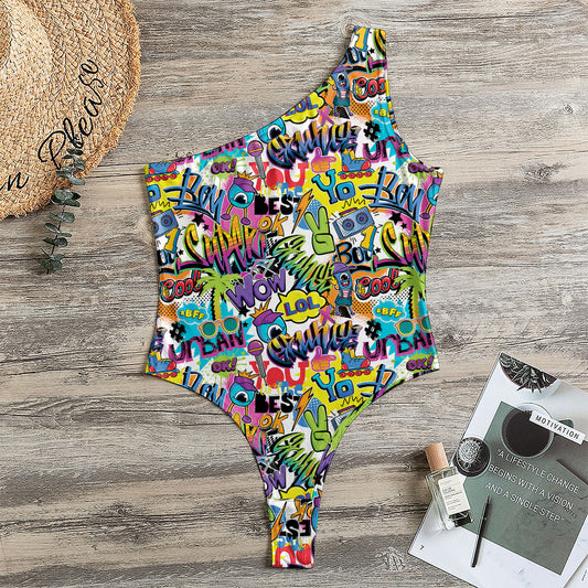 Colorful Graffiti Pattern Print One Shoulder Bodysuit
