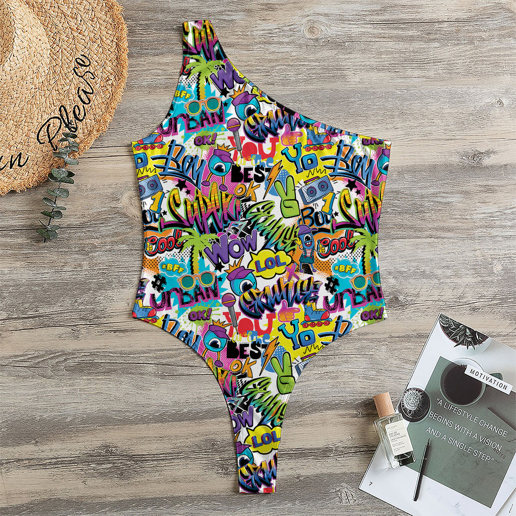 Colorful Graffiti Pattern Print One Shoulder Bodysuit