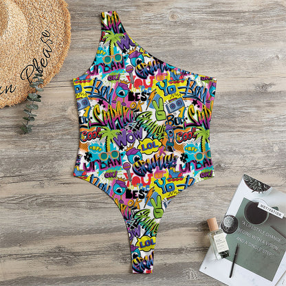 Colorful Graffiti Pattern Print One Shoulder Bodysuit