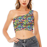 Colorful Graffiti Pattern Print One Shoulder Crop Top