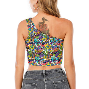 Colorful Graffiti Pattern Print One Shoulder Crop Top