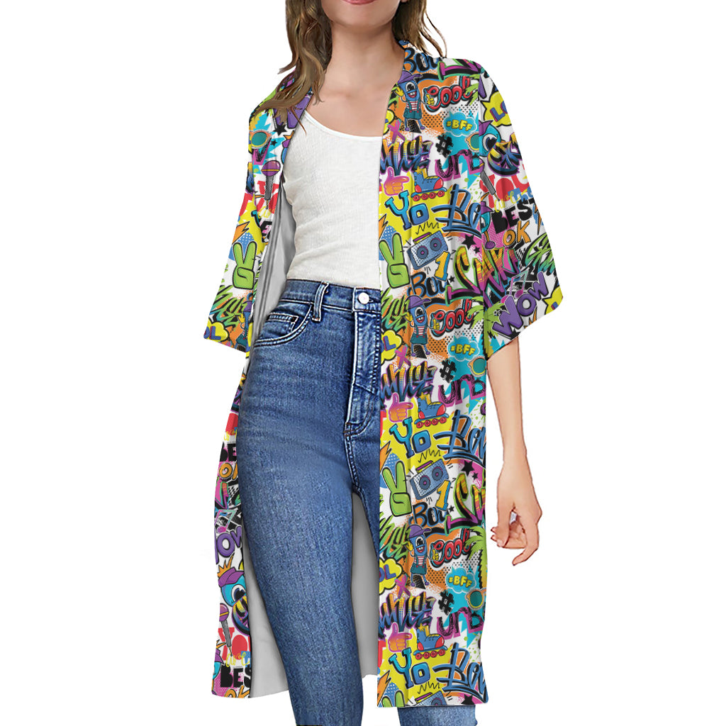 Colorful Graffiti Pattern Print Open Front Beach Cover Up