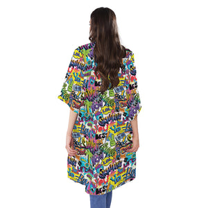 Colorful Graffiti Pattern Print Open Front Beach Cover Up